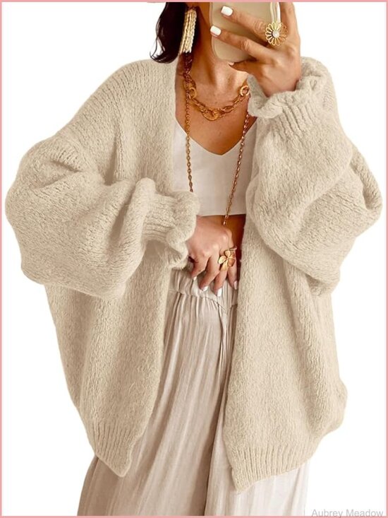 Sweaters - Oversized Open Front Cardigan Ruffle Lantern Long Sleeve Chunky Knit Loose